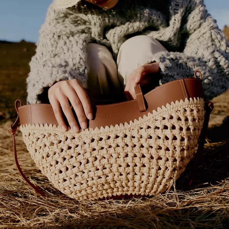 Women'S Raffia Bags - 2026年夏 ホローアウトラフィアとPUレザーの普段使いバッグ 軽量手作り大型ストローバッグ 女性用ビーチバッグ