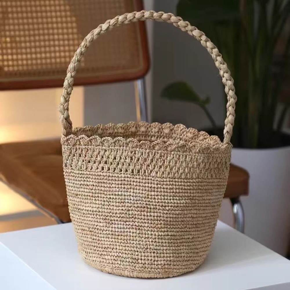 Women'S Raffia Bags - 手作りかぎ針編みわらバケツバッグボヘミアンラフィア女性ハンドバッグ旅行ビーチバッグ夏休み織ショルダーバッグ女性のための