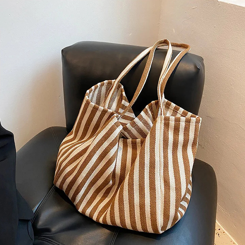 Women Bags On Sale - 大容量キャンバスバッグ女性のファッションストライプショルダーバッグ新しいトップハンドルバッグトラベルバッグショッピングトートボルサ