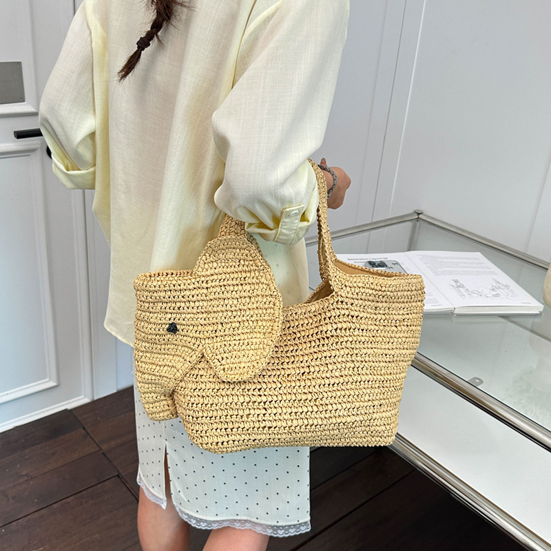 象の形をしたラフィア手編みストローハンドバッグ、女性用ショル - Women'S Raffia Bags のレビューと価格