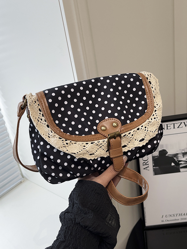 レトロなポルカドットレーストリムキャンバスシングルショルダー - Women'S Young Bags のレビューと価格