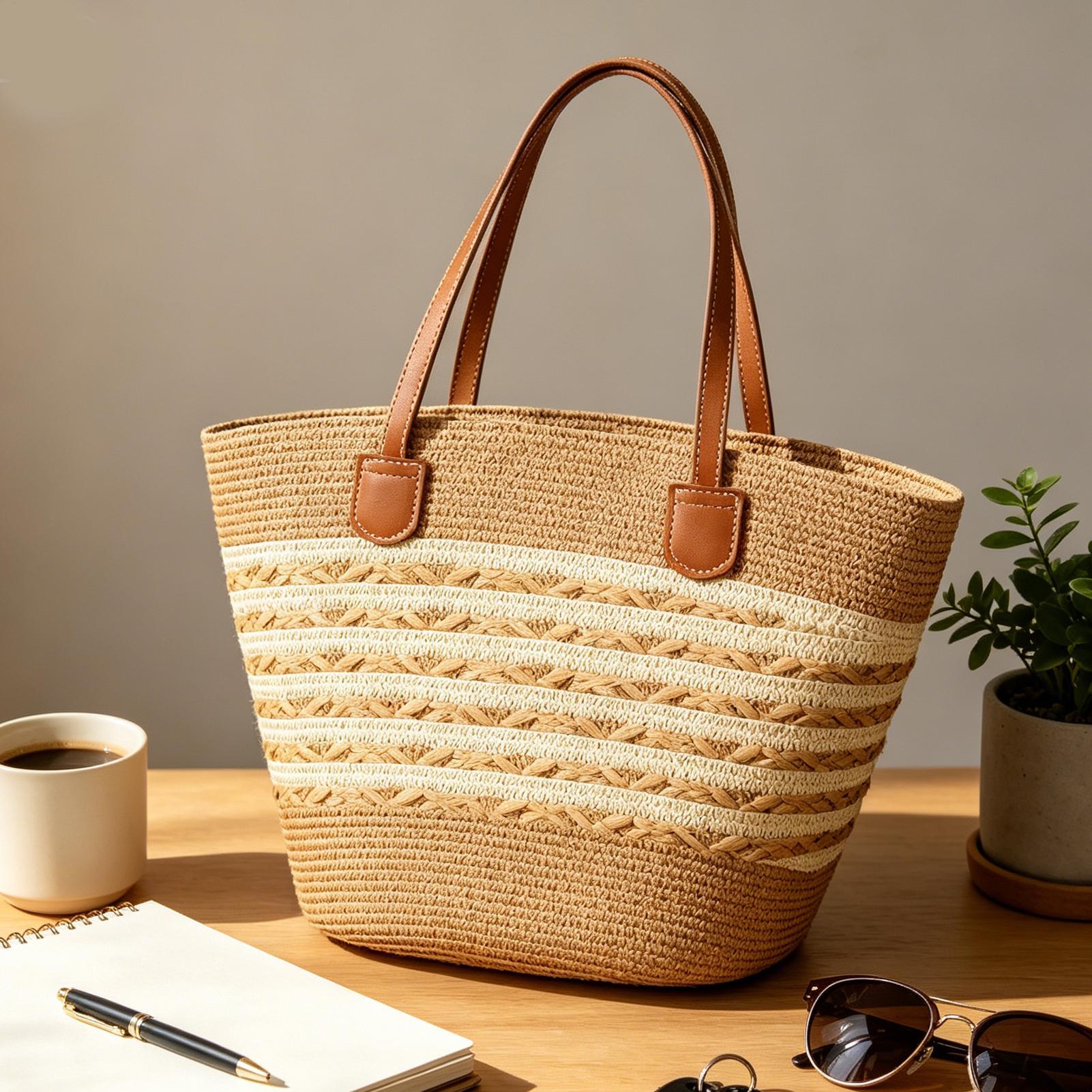 エレガントでシックな新作大型ボヘミアンストロー トートバッグ - Women'S Bags Handbags のレビューと価格