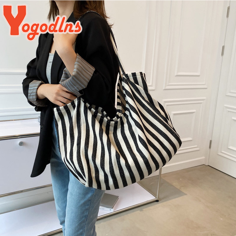 大容量キャンバスバッグ女性のファッションストライプショルダー - Women Bags On Sale のレビューと価格