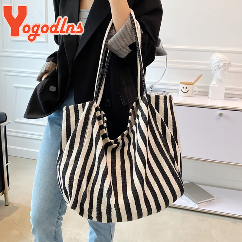 大容量キャンバスバッグ女性のファッションストライプショルダー - Women Bags On Sale のレビューと価格